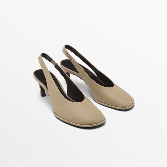 NWT. Massimo Dutti Taupe Leather High-Heel Slingback Shoes. Size 8.